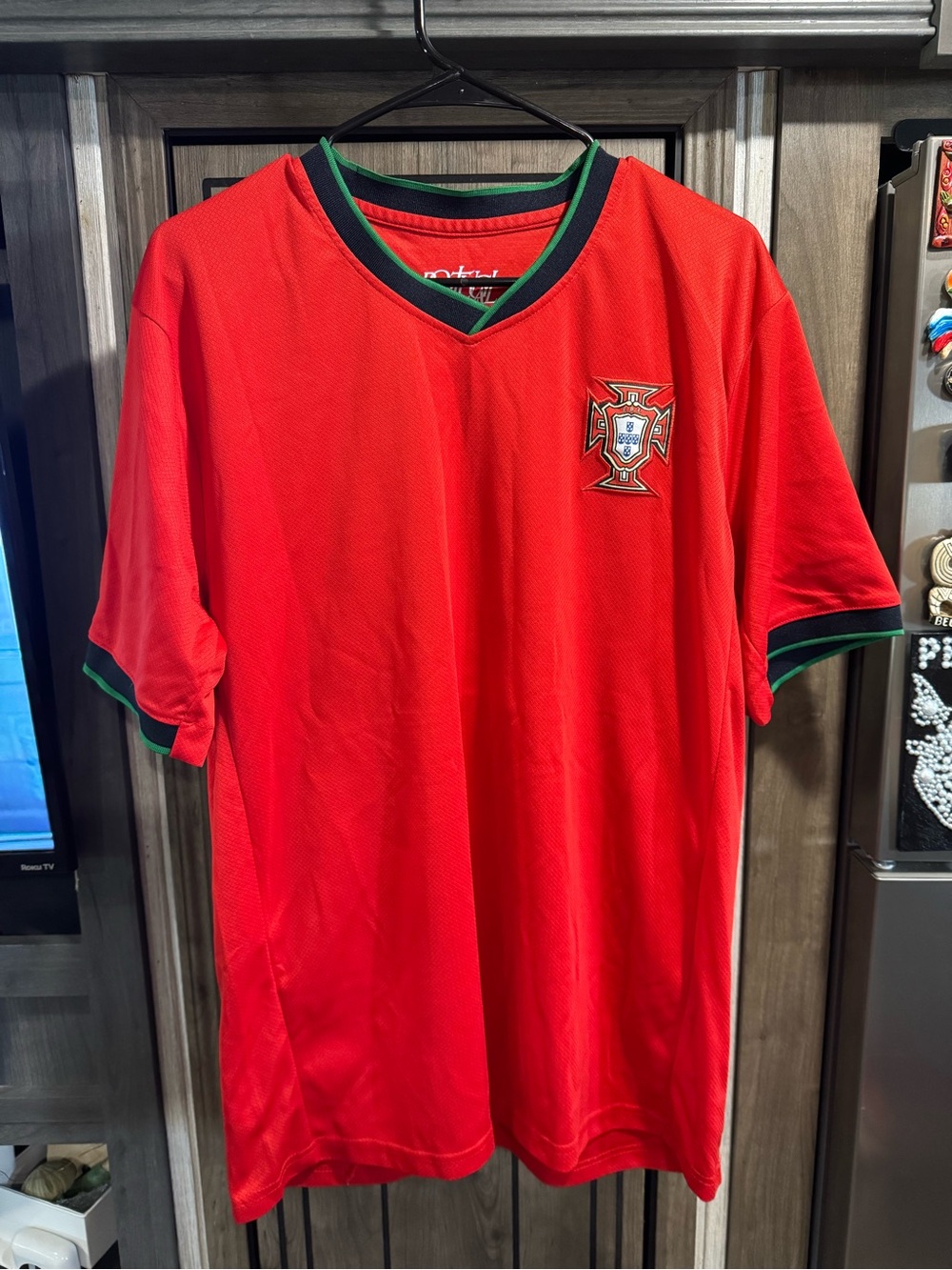 Men's Red Portugal Football Jersey with Green Trim